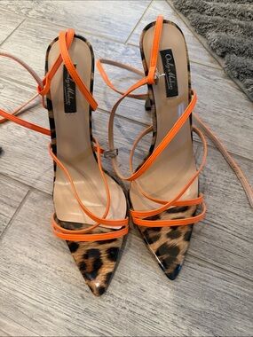 Only Maker Leopard Print Pointed Heels with Orange Straps